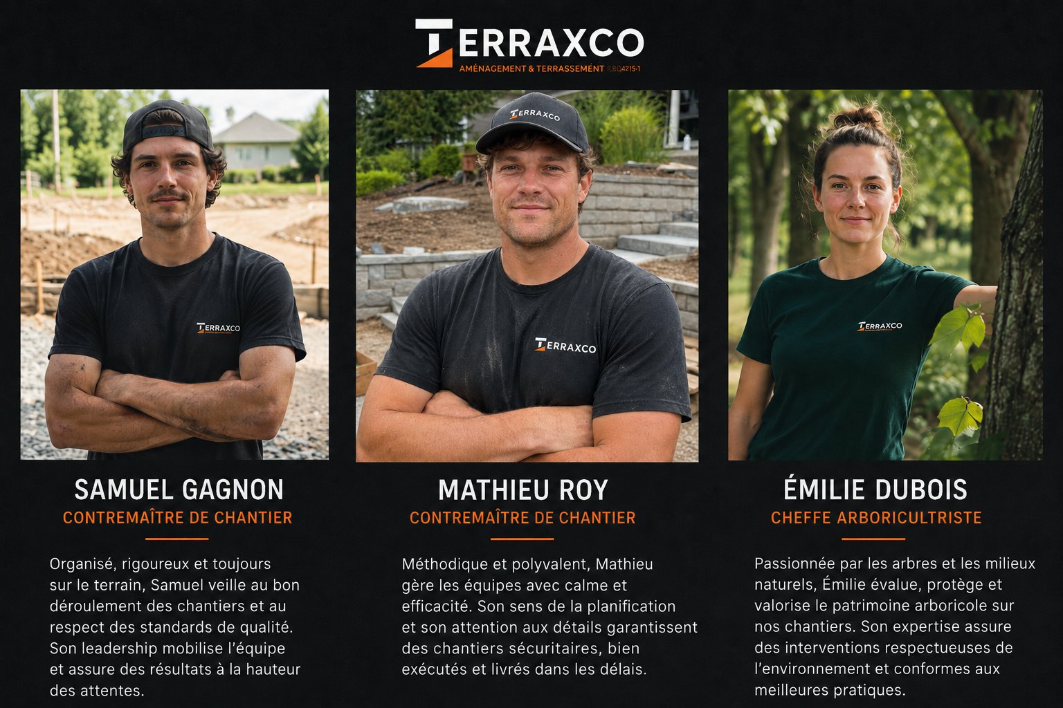 Équipe terrain TERRAXCO — Samuel Gagnon, Mathieu Roy, Émilie Dubois